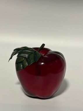 Vintage Red Lucite Acrylic Apple Paperweight with Metal Leaf – Realistic Size